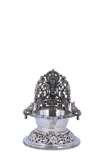 Exquisite Silver-Plated Gajalakshmi Ceremonial Oil Lamp with Elaborate Deity Ensemble – Divine Temple Masterpiece (248g)