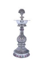 Pure 925 Silver Peacock Diya Stands – 1184g Gemstone Temple Décor (Pair)