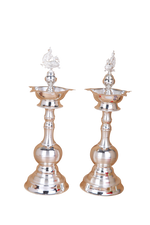 Royal Silver Peacock Diya Pair – Handcrafted Temple Deepam Set (395g, 11.6"x3.8")