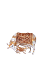 Divine Kamadhenu & Calf Silver Sculpture – Gemstone-Embellished Sacred Cow (1,030g, L:9″ H:6″)