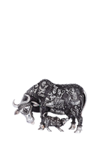 Celestial Radha-Krishna Nakashi Cow & Calf Sculpture – Divine Pastoral Tableau (335g, 3"x4.6")