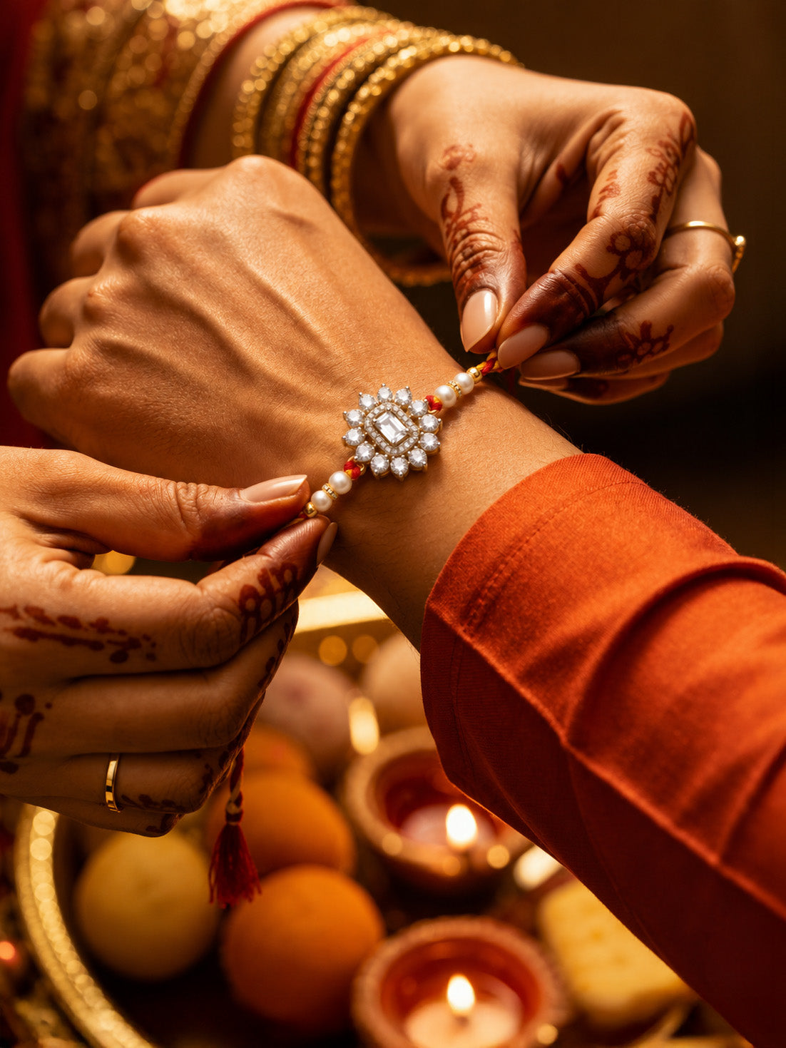 Pearl-bead rakhi with red thread tassels and silver halo flower on wrist