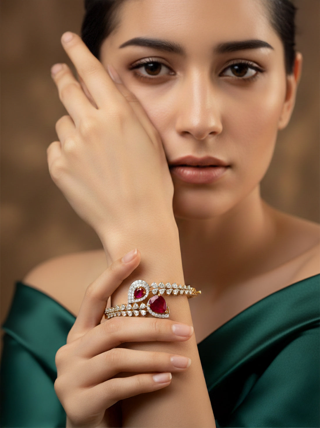 925 Pure Silver Ruby Leaf Bangle Bracelet - Regal Valentine's Glory