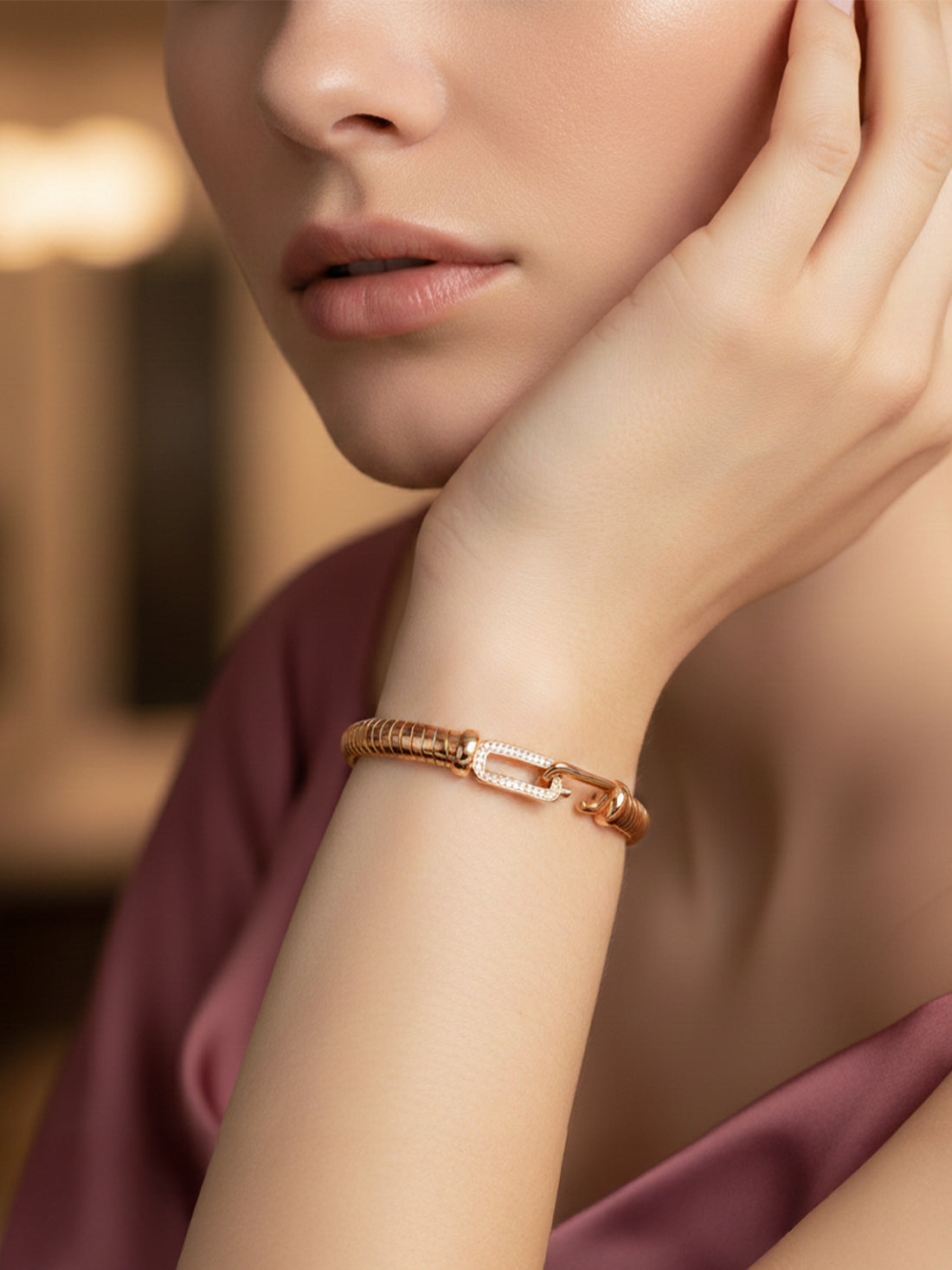 Rose Gold Pure 925 Silver Tube Bracelet with Emerald & Diamond Accents