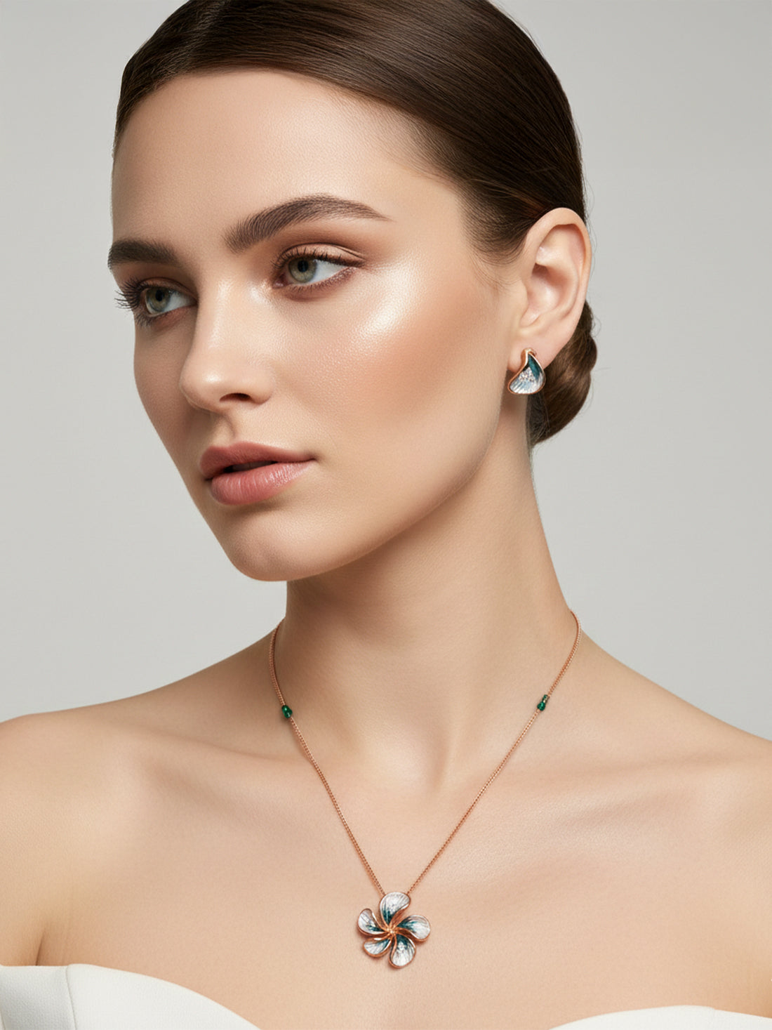 925 Pure Silver Rose-Gold Finish Floral Necklace Set with Earrings