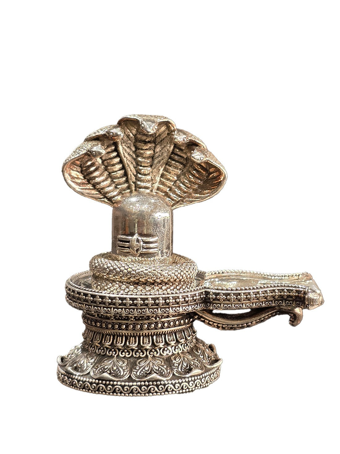 92.5 pure silver Shiva lingam figurine with naag hood, ornate round pedestal