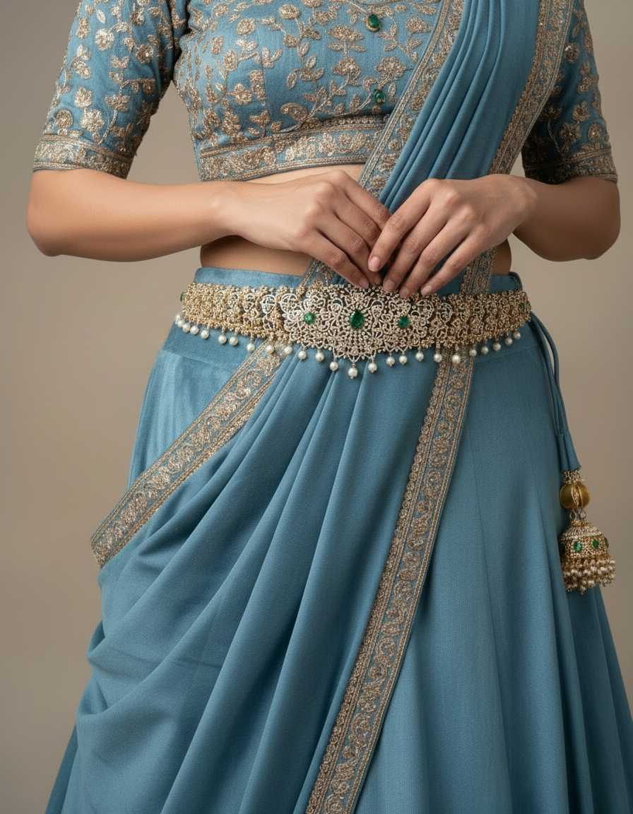 Luxury Gold-Polish Kamarbandh, White CZ and Pearl Drops, Heirloom