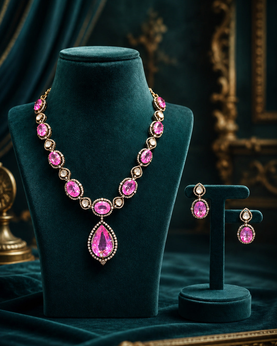 92.5 Sterling Silver Pink Stone Necklace Set for Women – Bridal Jewelry Set