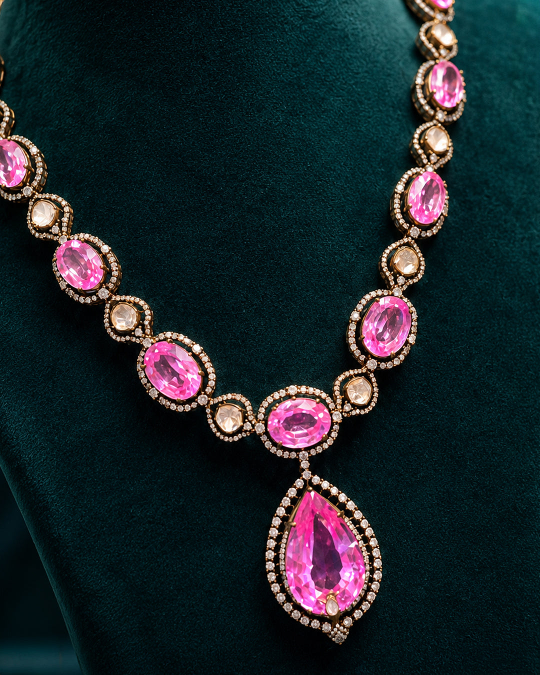 92.5 Sterling Silver Pink Stone Necklace Set for Women – Bridal Jewelry Set