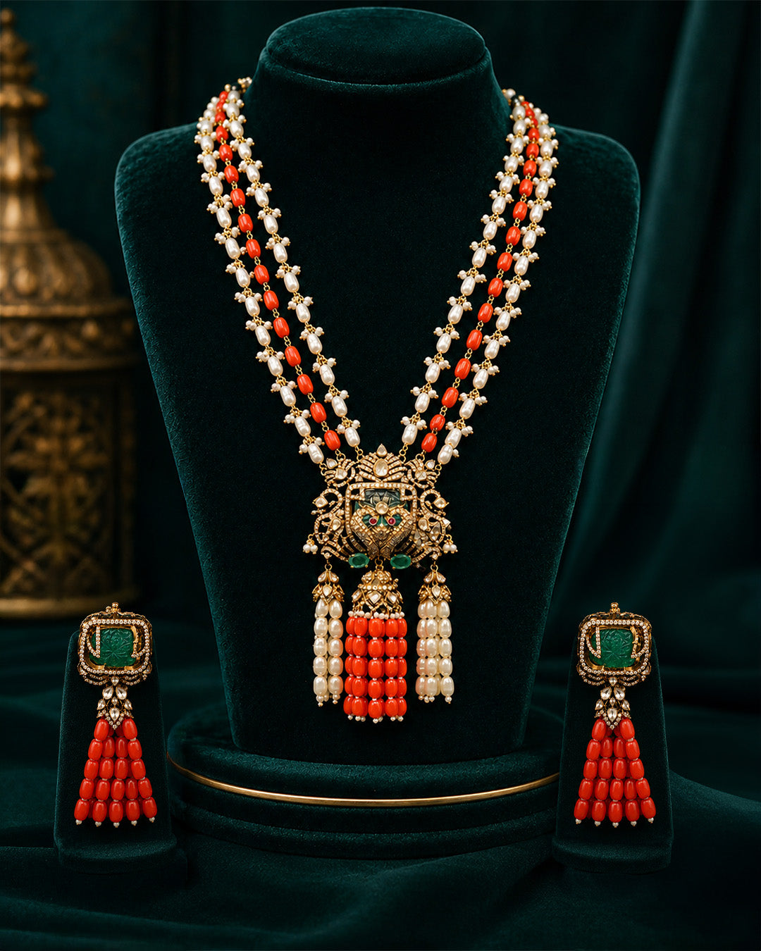 92.5 Sterling Silver Temple Haram Necklace Set for Women – Red & Pearl-Style Bead Bridal Jewelry Set