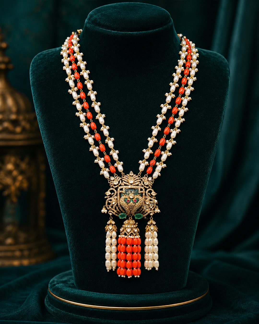 92.5 Sterling Silver Temple Haram Necklace Set for Women – Red & Pearl-Style Bead Bridal Jewelry Set