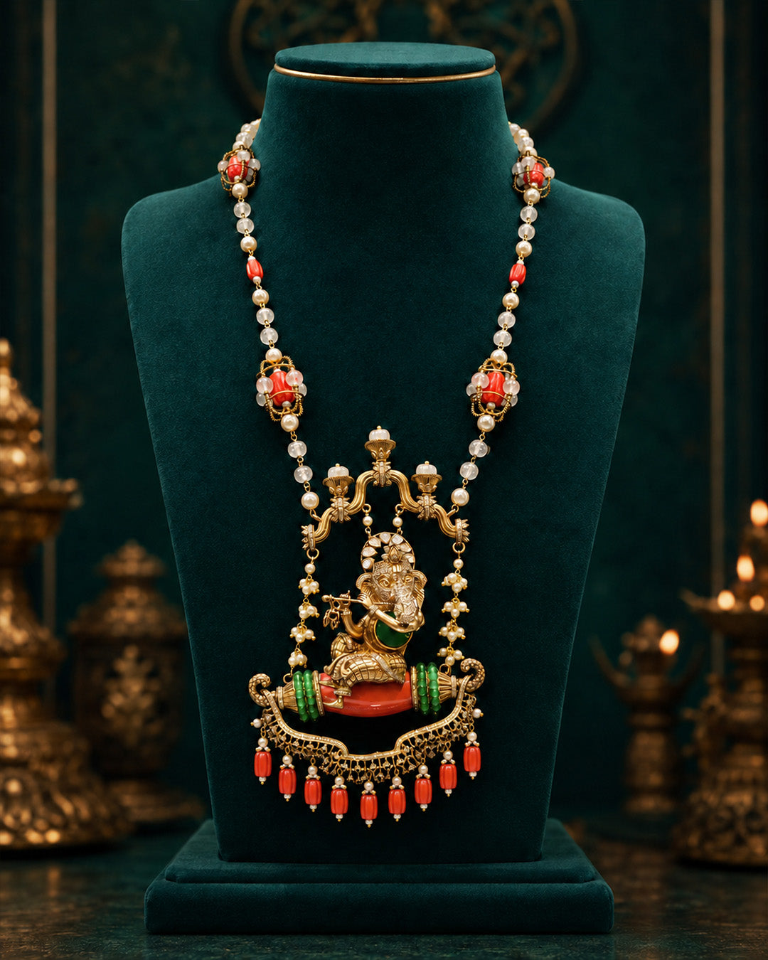 92.5 Sterling Silver Ganesha Temple Necklace for Women – Traditional Bead Statement Necklace