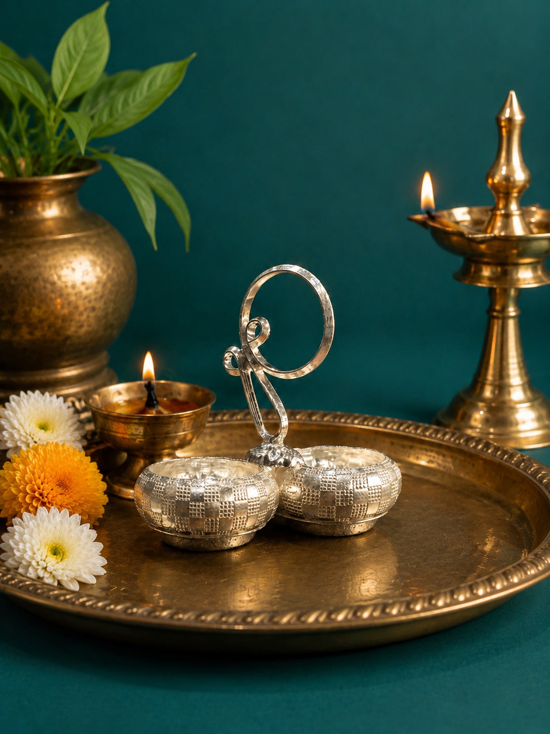 92.5 Pure Silver Dual Panchpali for Pooja with Handle