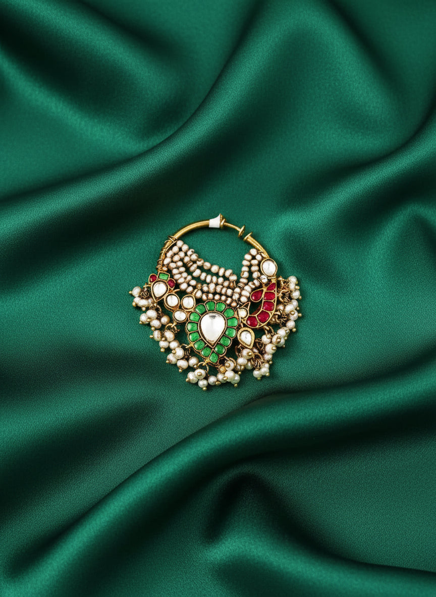 Luxury 925 Silver Nose Ring | Green & Red Stone Bridal Chain