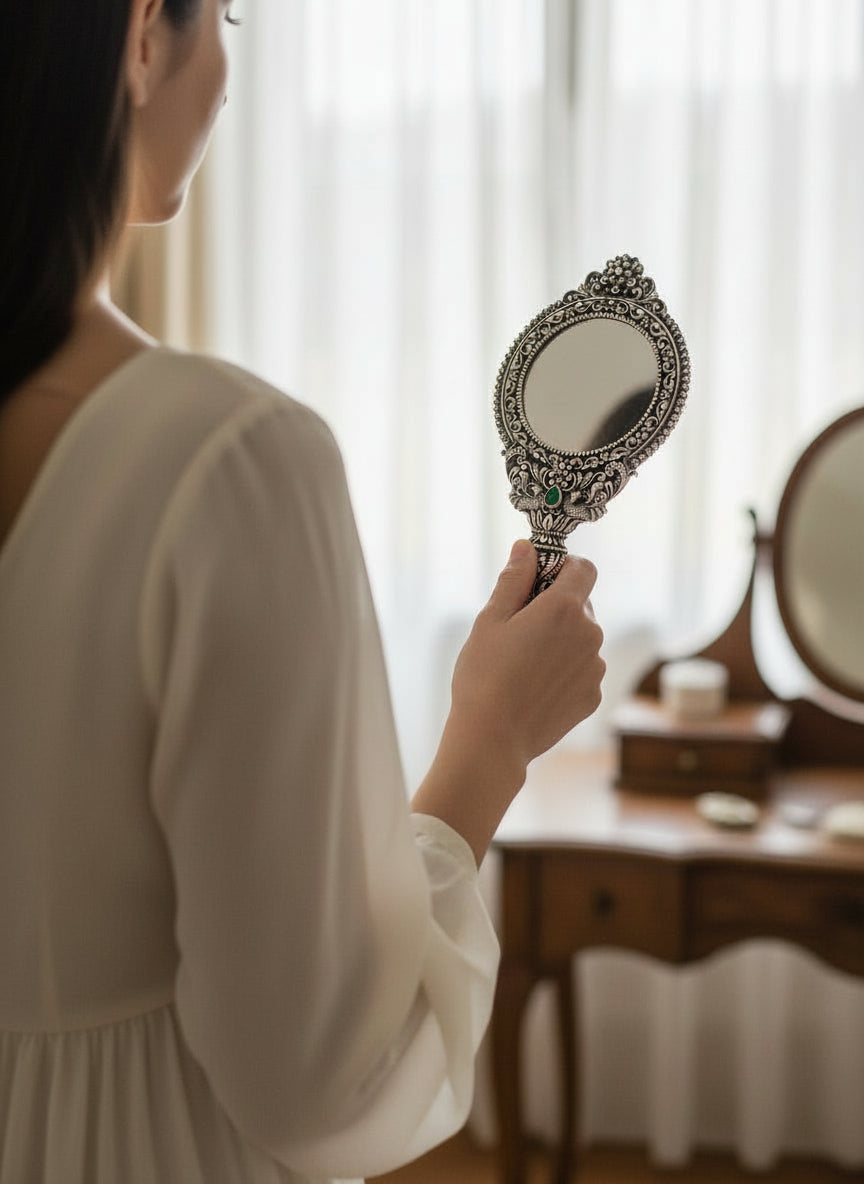 Luxury Pure 925 Silver Engraved Hand Mirror - Heirloom Vanity Gift