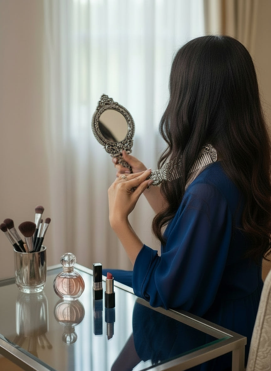 925 Silver Handheld Mirror & Comb - Opulent Engraved Beauty Set