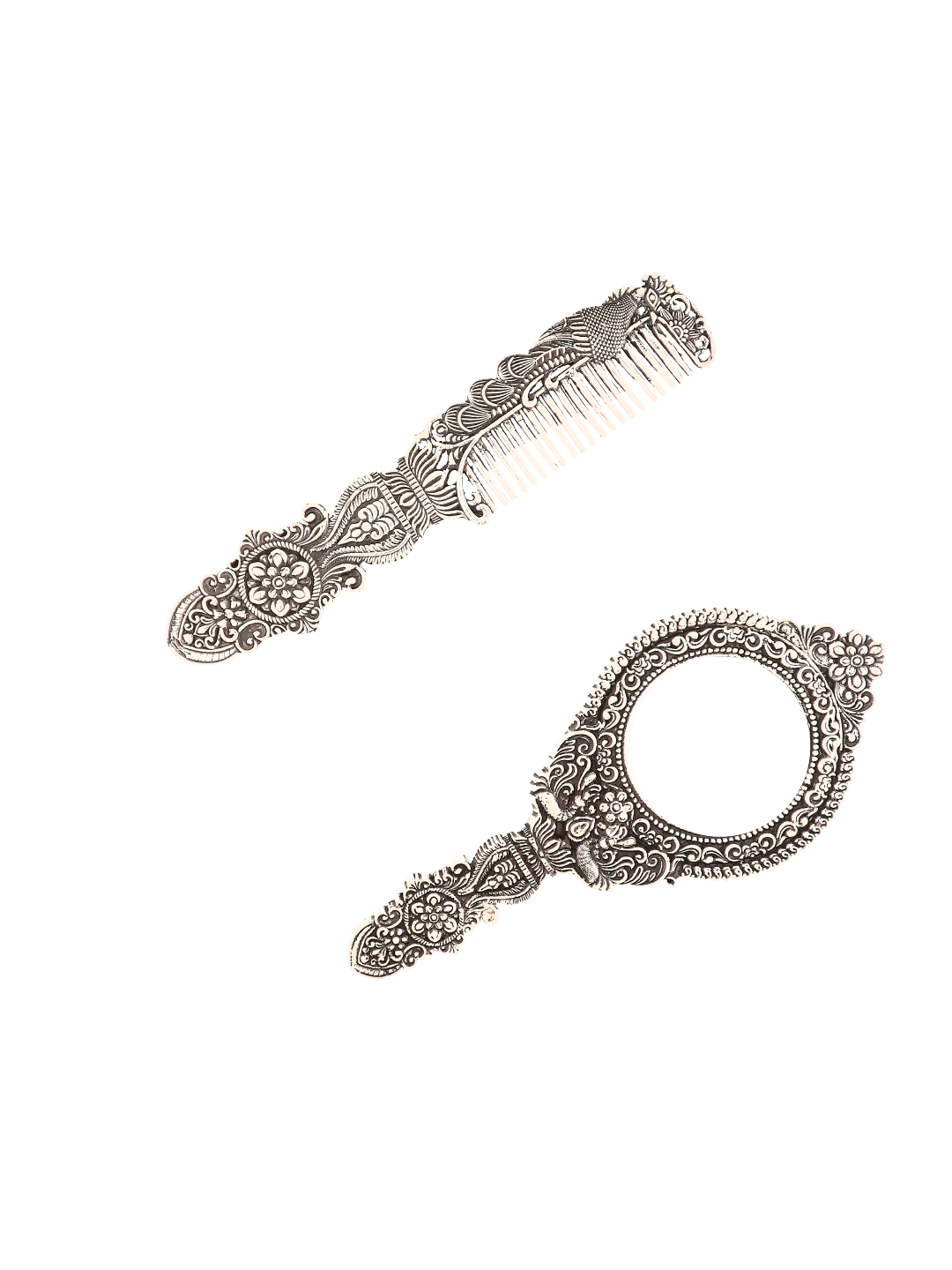 925 Silver Handheld Mirror & Comb - Opulent Engraved Beauty Set