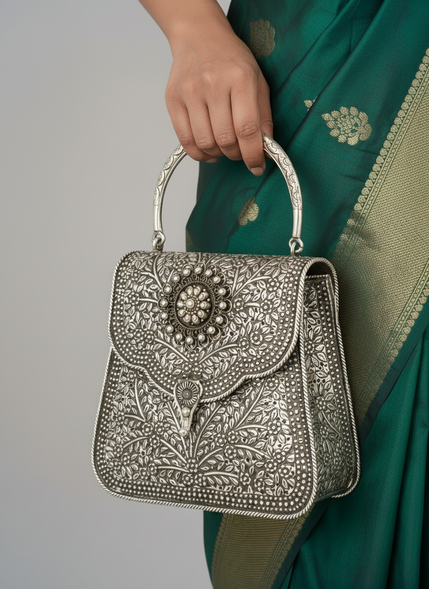 Oxidized 925 Silver Purse - Intricate Floral Motif Clutch Bag