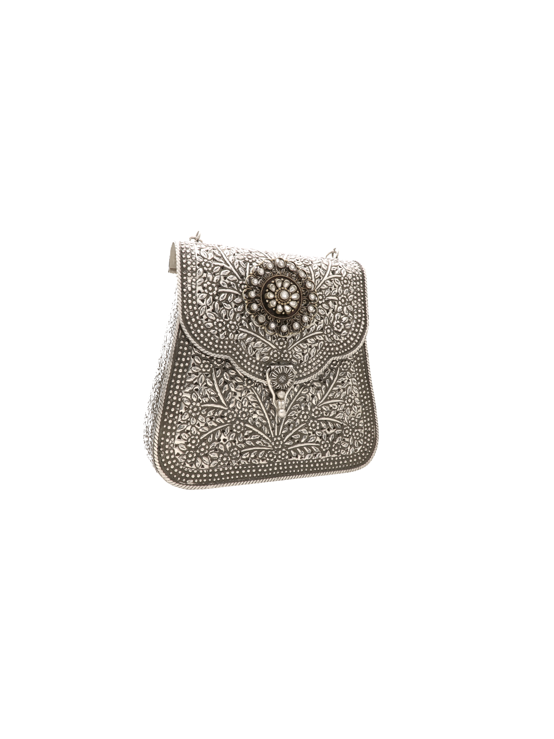 Oxidized 925 Silver Purse - Intricate Floral Motif Clutch Bag
