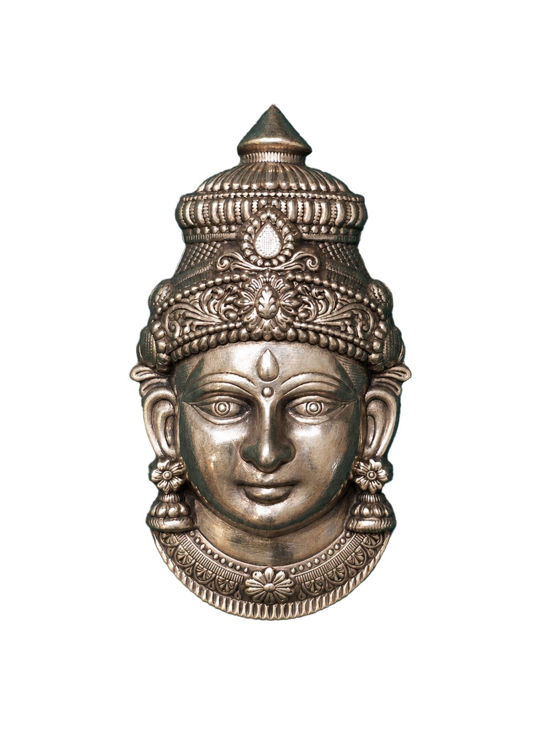 92.5 pure silver Lakshmi idol face, ornate crown and engraved forehead symbols