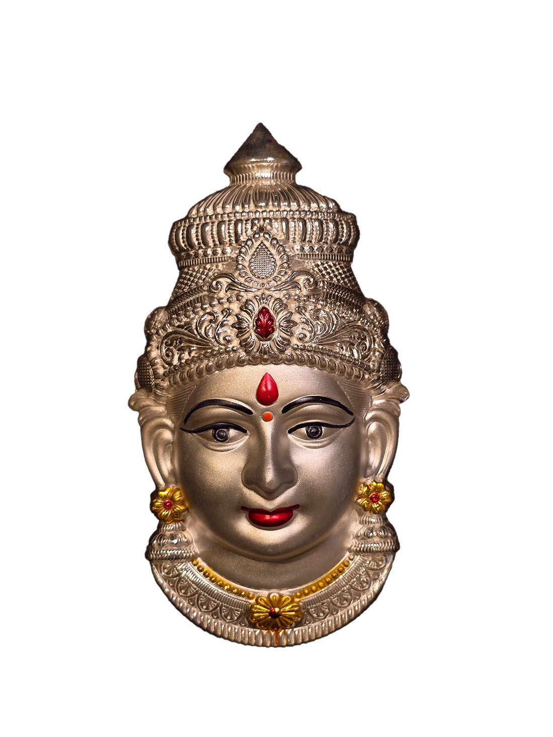 Silver deity face ornament with ornate crown, red bindi and gold-toned details
