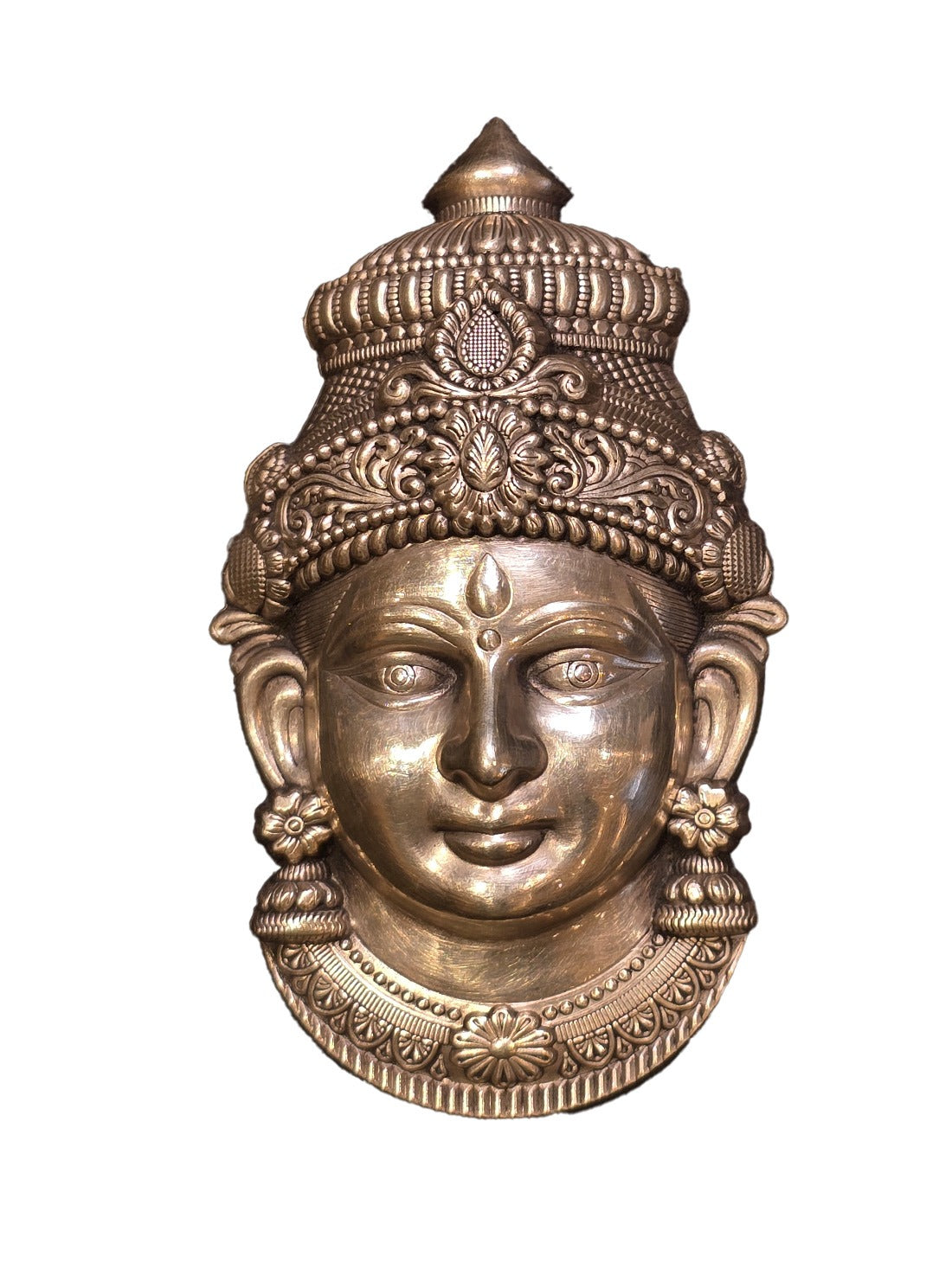 Pure silver Lakshmi idol face, detailed crown and earrings, serene expression