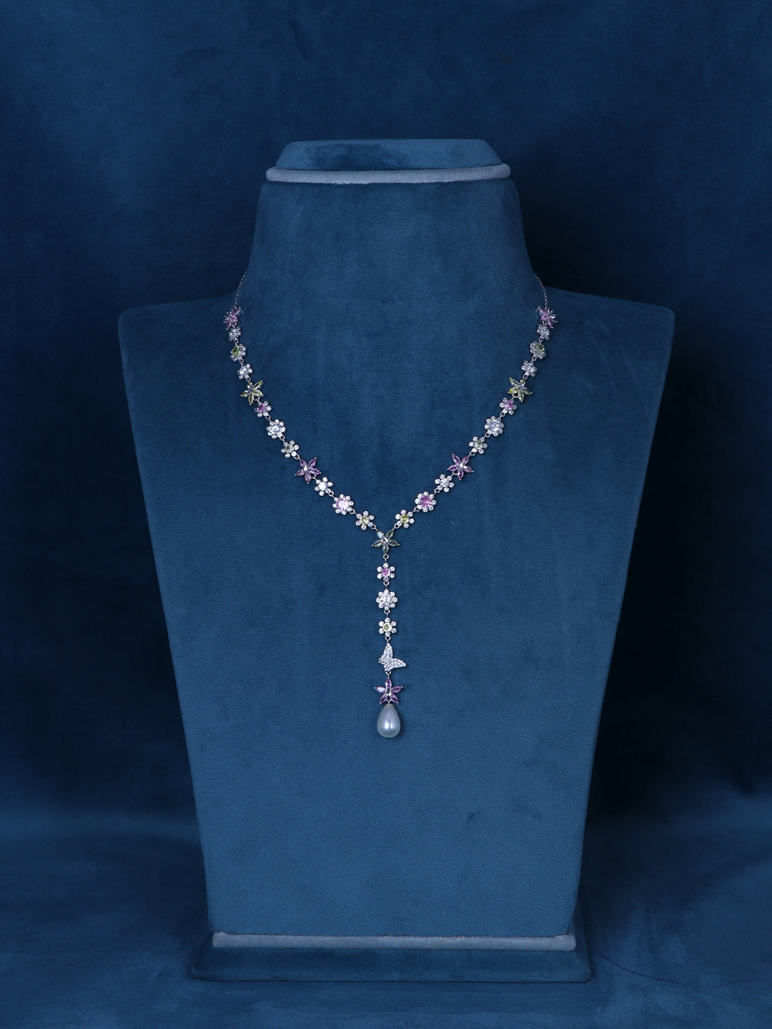 Floral Elegance Necklace with Pearl Drop – 92.5 Pure Silver