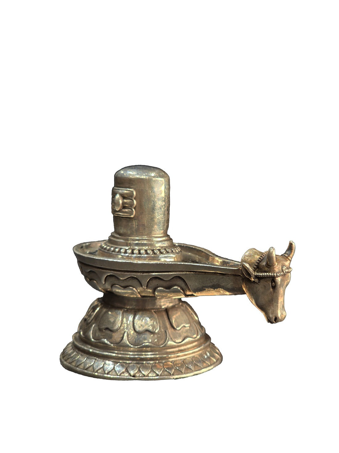 Silver Shiva lingam pedestal with raised lingam and Nandi bull on side