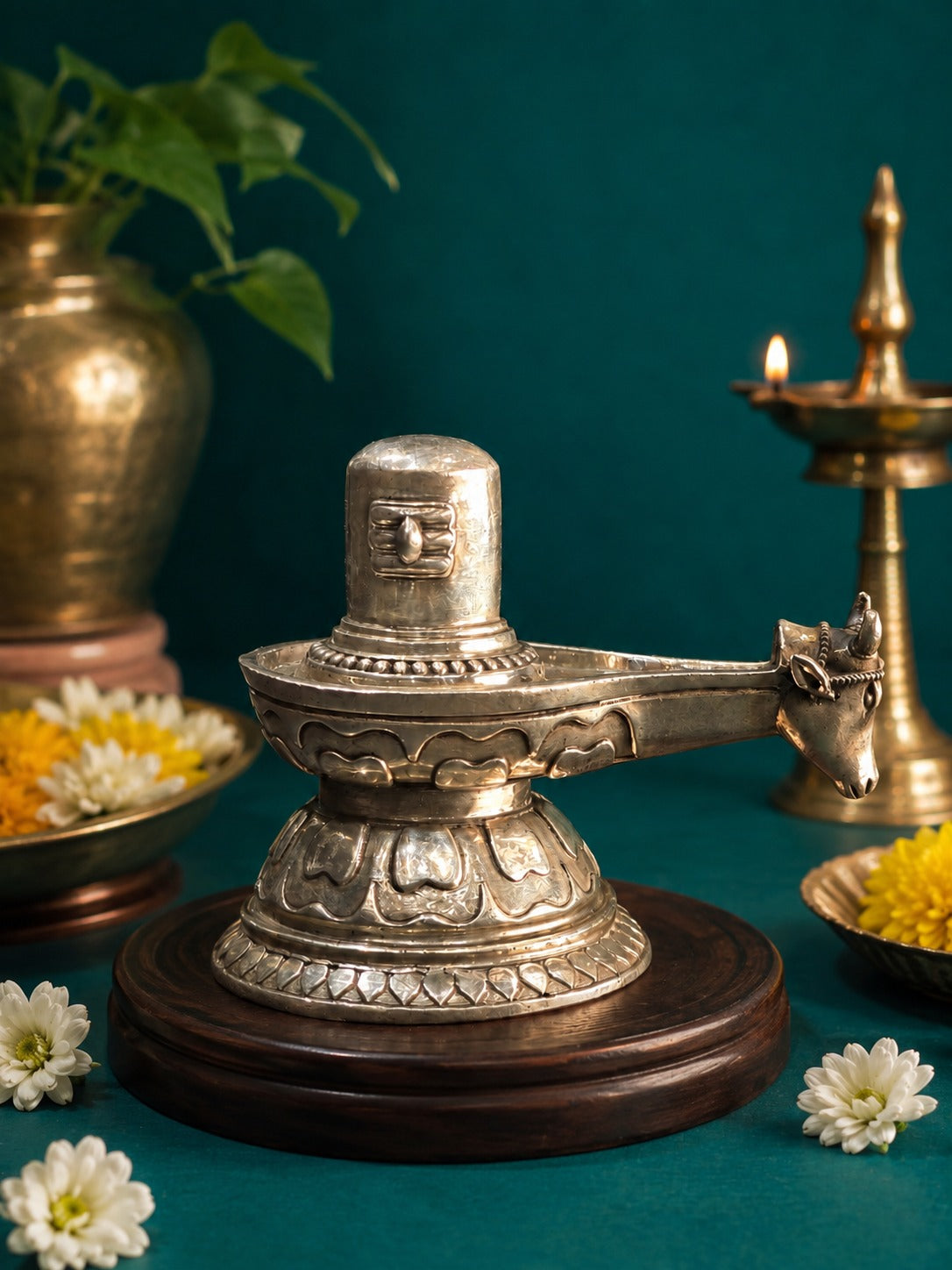 Silver Shiva lingam on decorative base with Nandi bull head at right