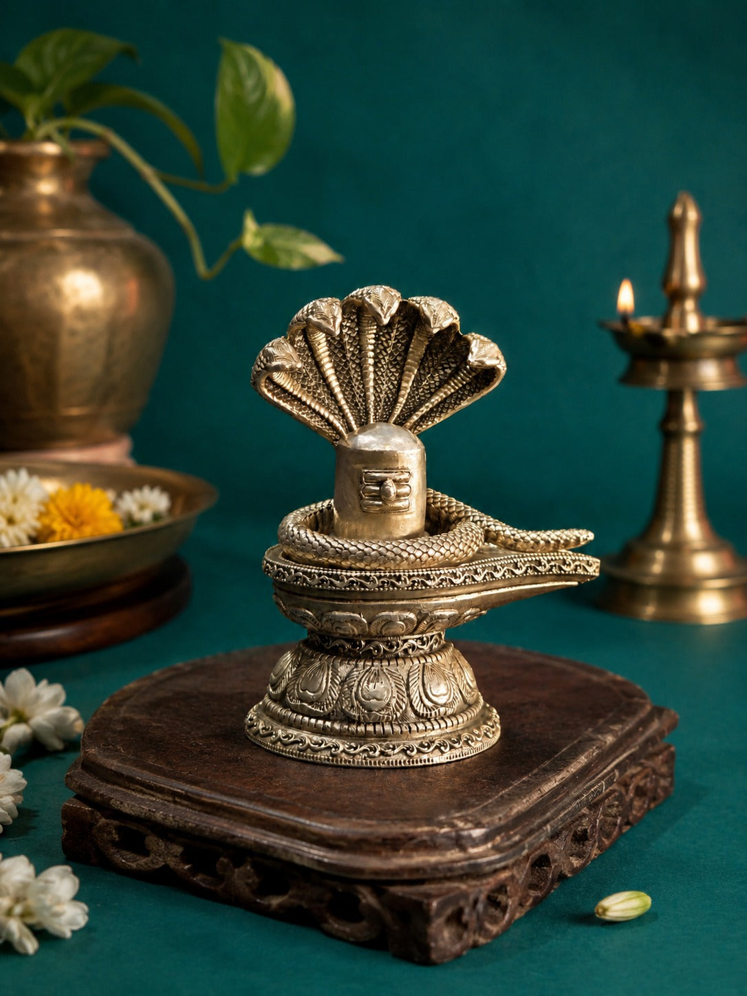 Silver-toned Shiva lingam ornament with cobra coil (Naag) detail on oval base