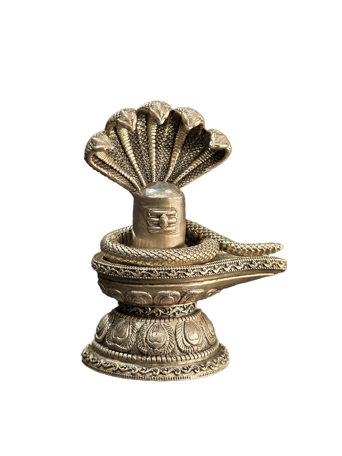 Silver-toned Shiva lingam ornament, cobra/naag design, close-up on circular base