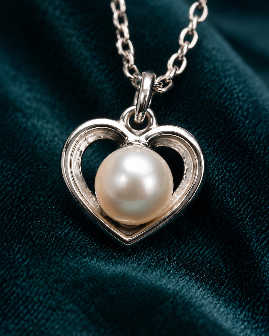 Silver heart-shaped pendant with a pearl