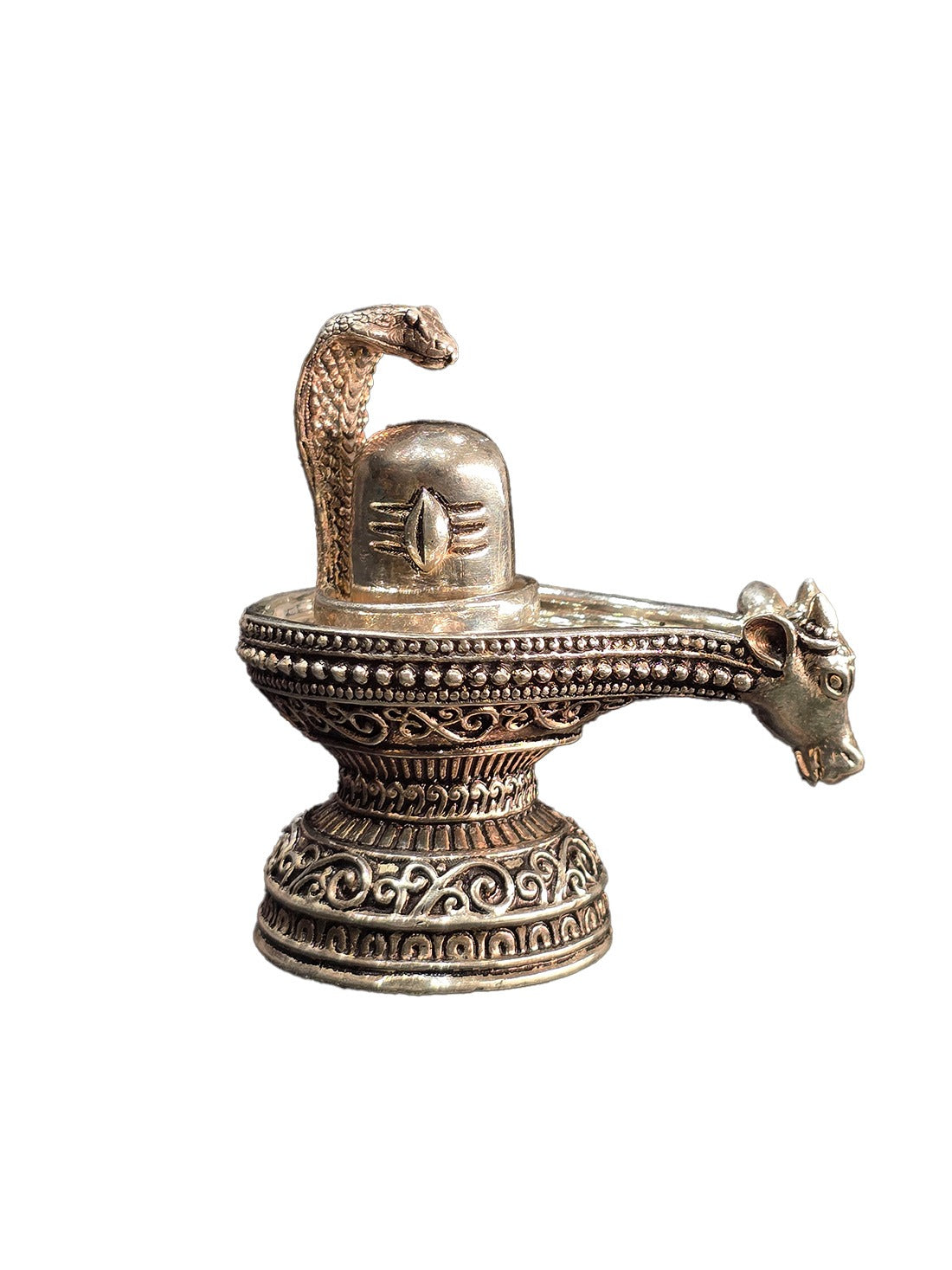 Silver Shiva lingam figure with cobra hood, Nandi at base, ornate carved details