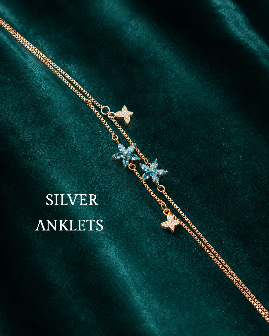 92.5 Pure Silver Floral Anklet for Women – Blue Stone Charm Payal