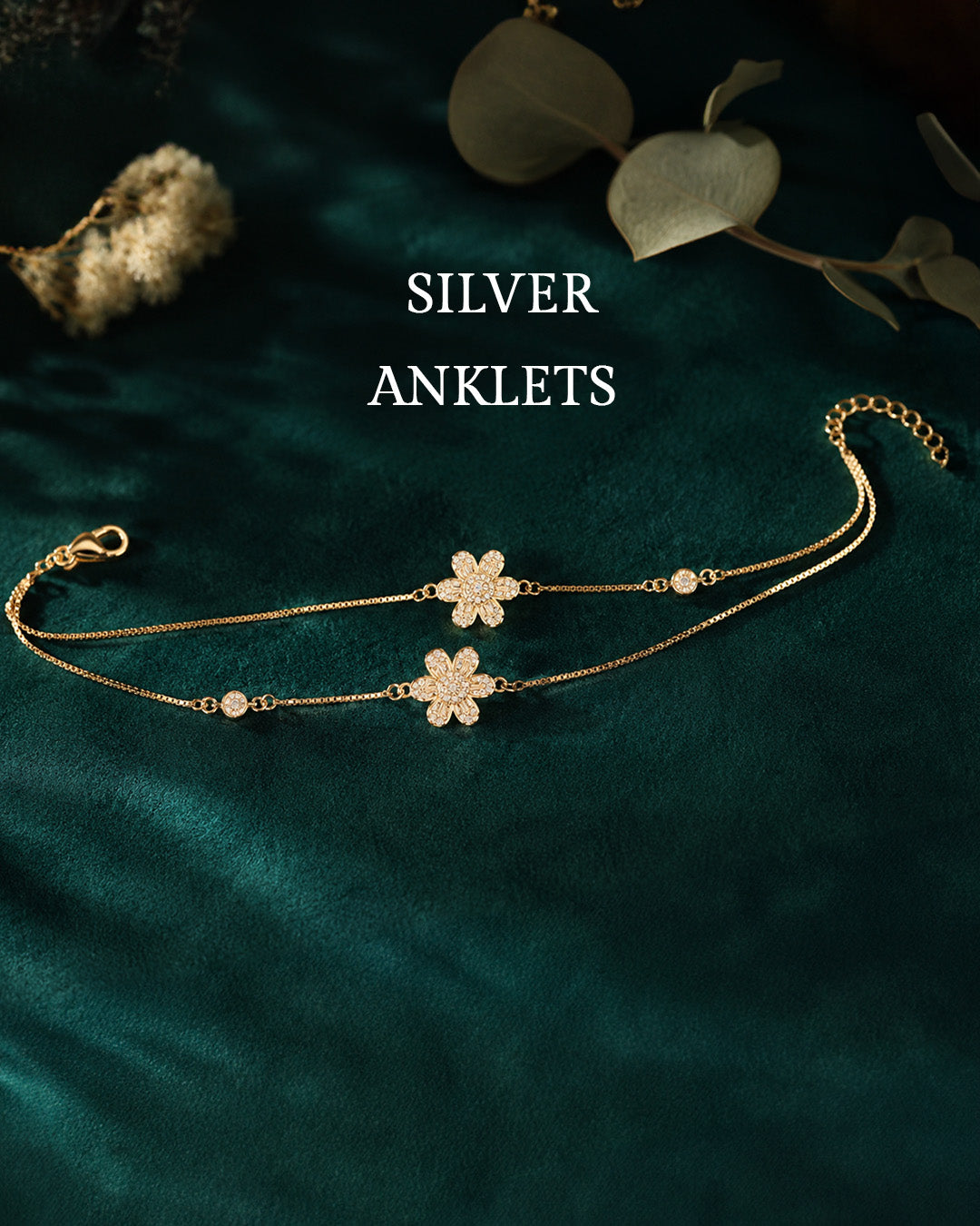 92.5 Sterling Silver Floral Anklet for Women – Crystal Daisy Charm Payal Pair