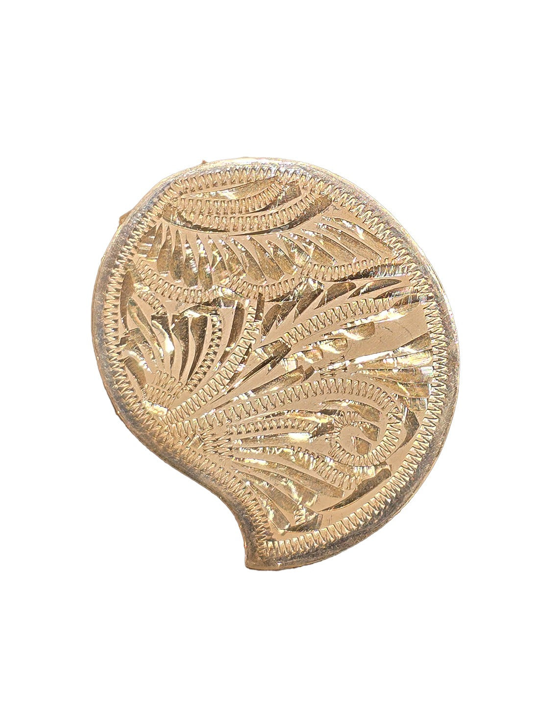 Embossed gold-tone kumkum box with leaf and swirl engravings, scalloped rim