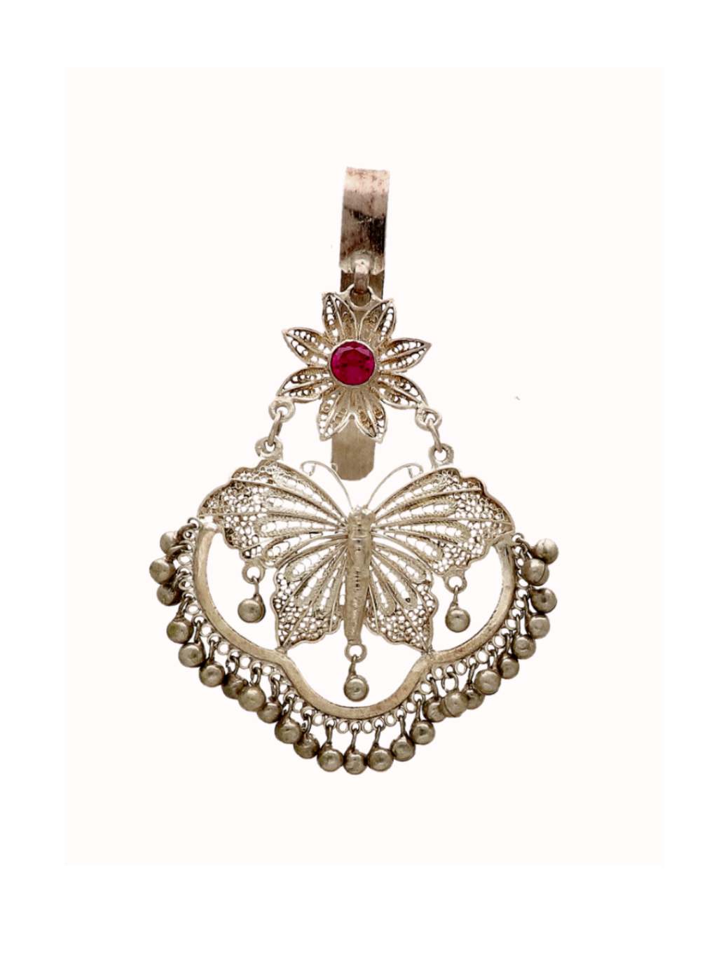 925 silver filigree key ring charm with red round stone and dangling bead fringe