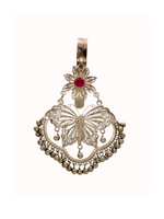 925 silver filigree key ring charm with red round stone and dangling bead fringe