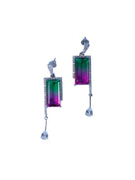 A pair of silver drop earrings featuring rectangular gradient gemstones that transition from green to purple.