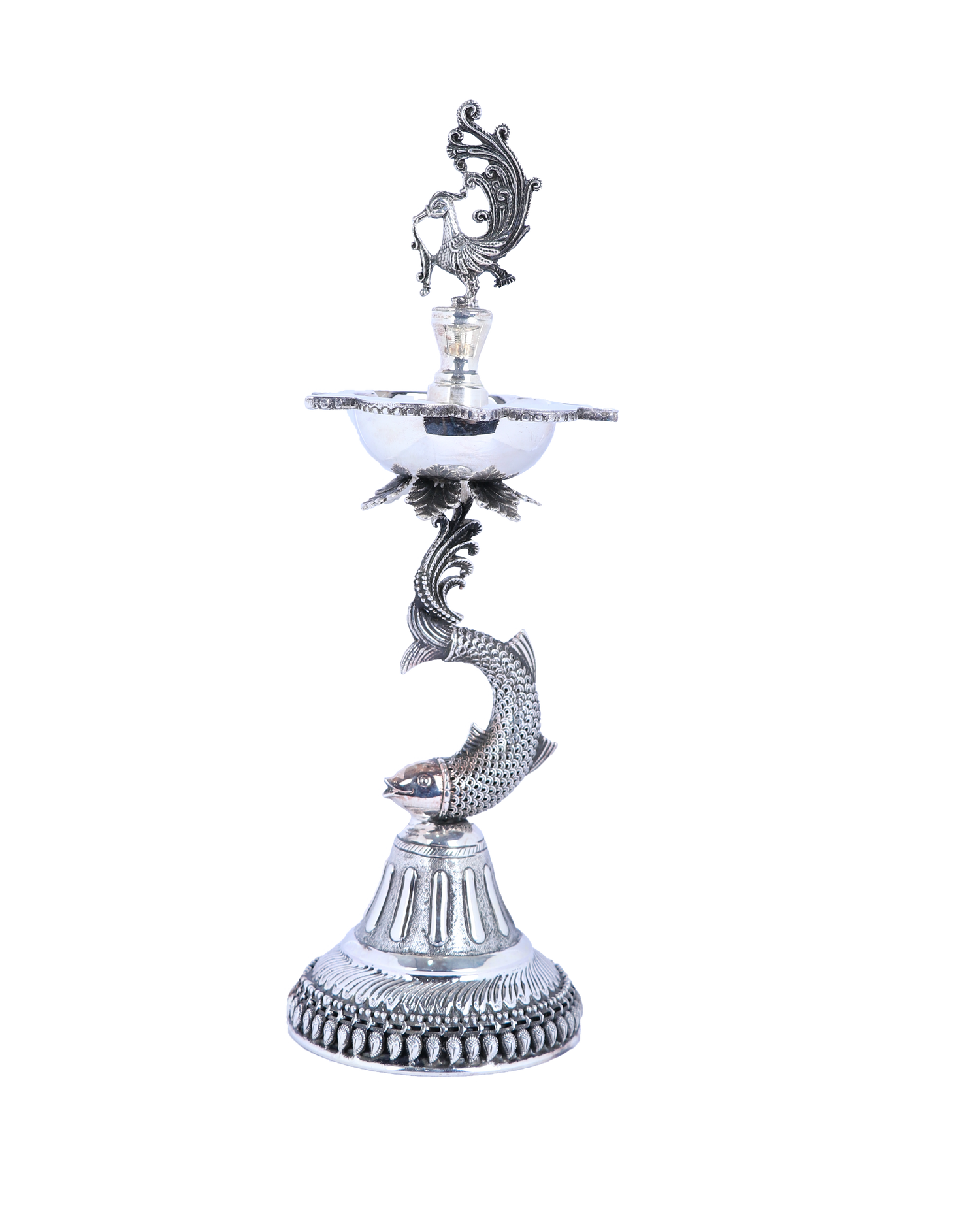 Magnificent Silver-Plated Peacock & Makara Standing Oil Lamp Pair – Imperial Temple Ceremonial Masterpieces
