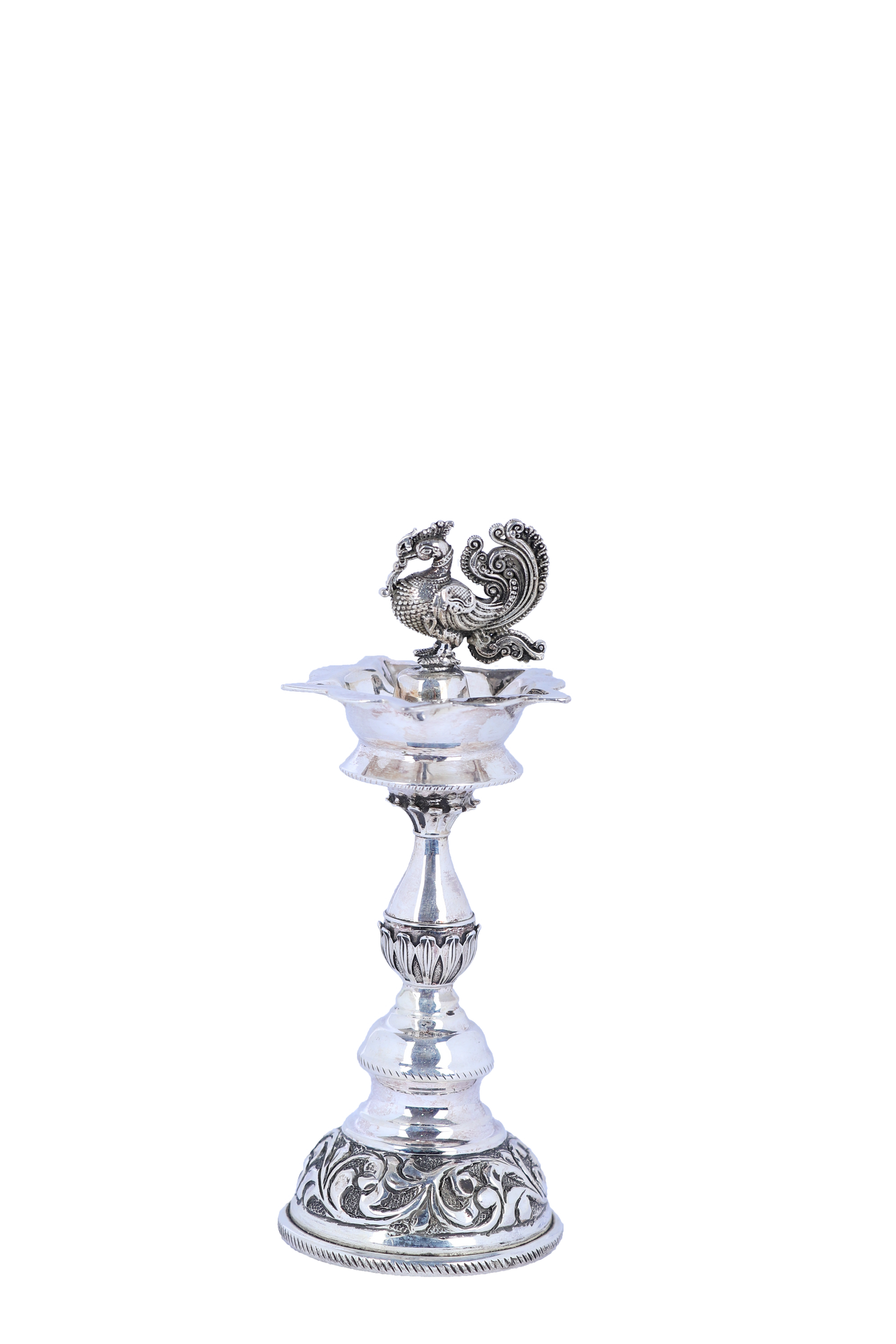 Handcrafted Silver Peacock Diya Pair – Royal Pooja Decor Lamps (5”x1.8”, 184g)