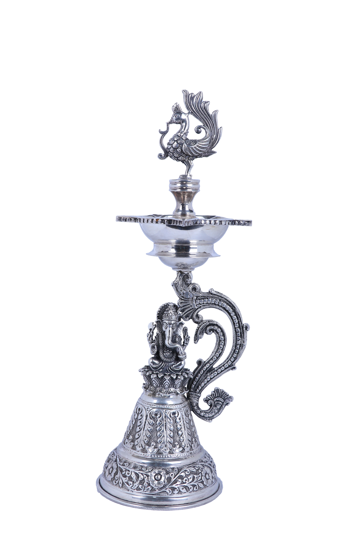 Premium Brass Lakshmi Ganesha Ceremonial Oil Lamp Pair - Ornate Peacock Design Deepak Stand Set