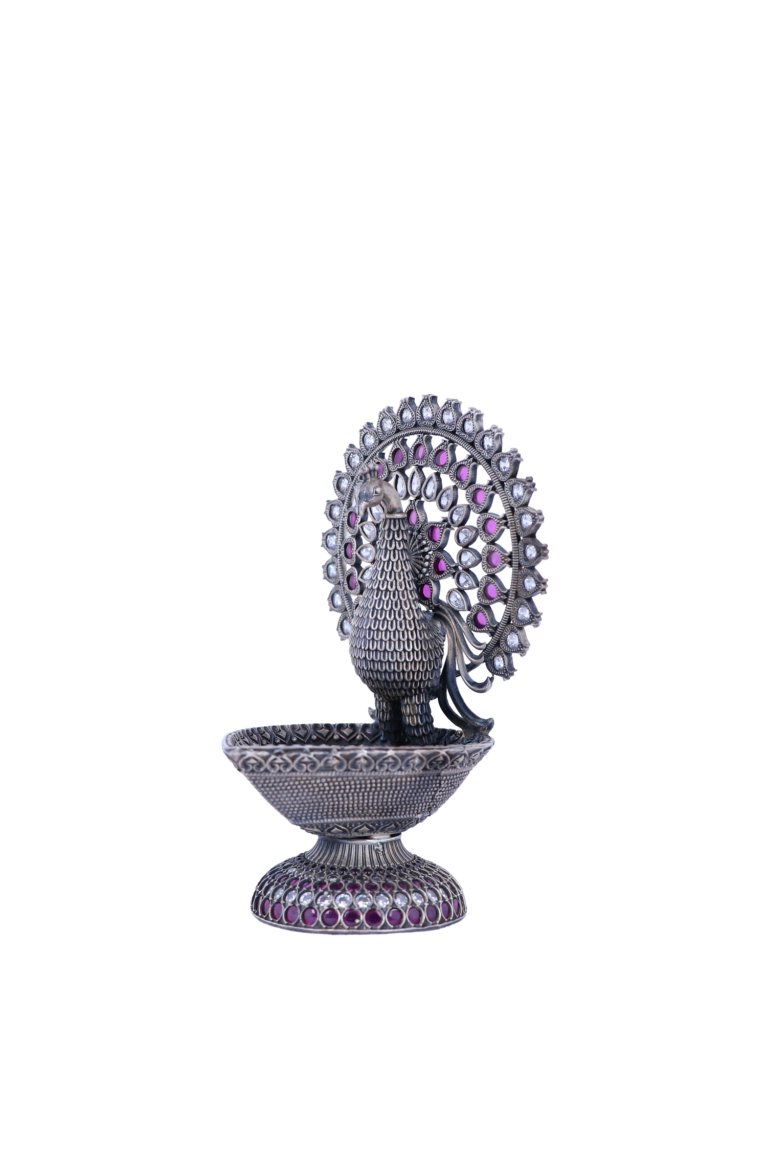 Royal Silver-Plated Gemstone Peacock Oil Lamp – Handcrafted Festival Deepak (138g)