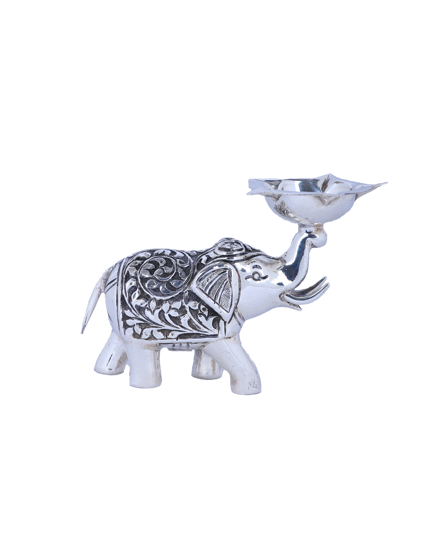 Premium Silver-Plated Elephant Diya - Traditional Handcrafted Oil Lamp with Ornate Floral Engravings