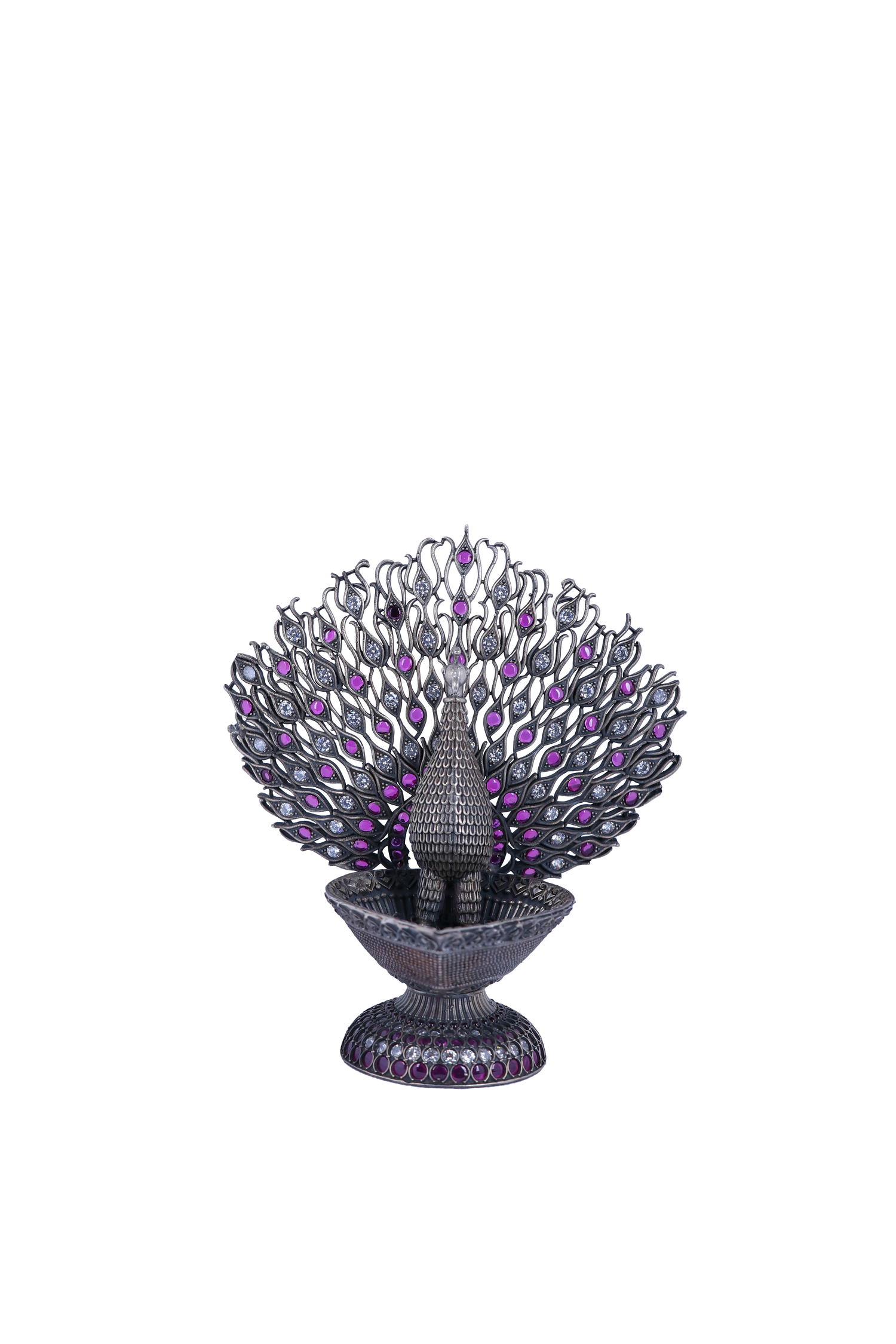 Majestic Silver-Plated Meenakari Peacock Oil Lamp – Handcrafted Ceremonial Deepak with Gemstone Embellishments (166g)