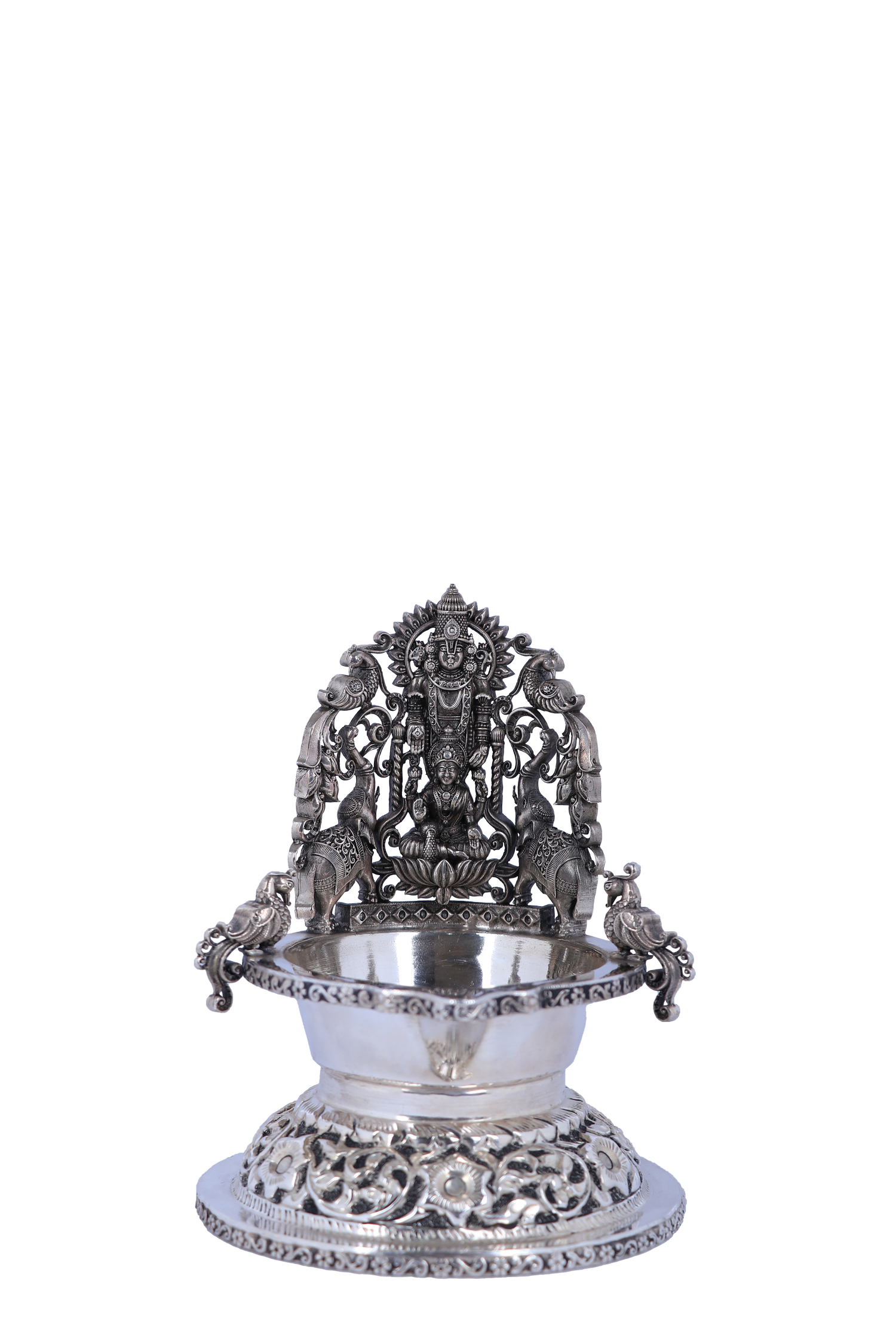 Exquisite Silver-Plated Gajalakshmi Ceremonial Oil Lamp with Elaborate Deity Ensemble – Divine Temple Masterpiece (248g)