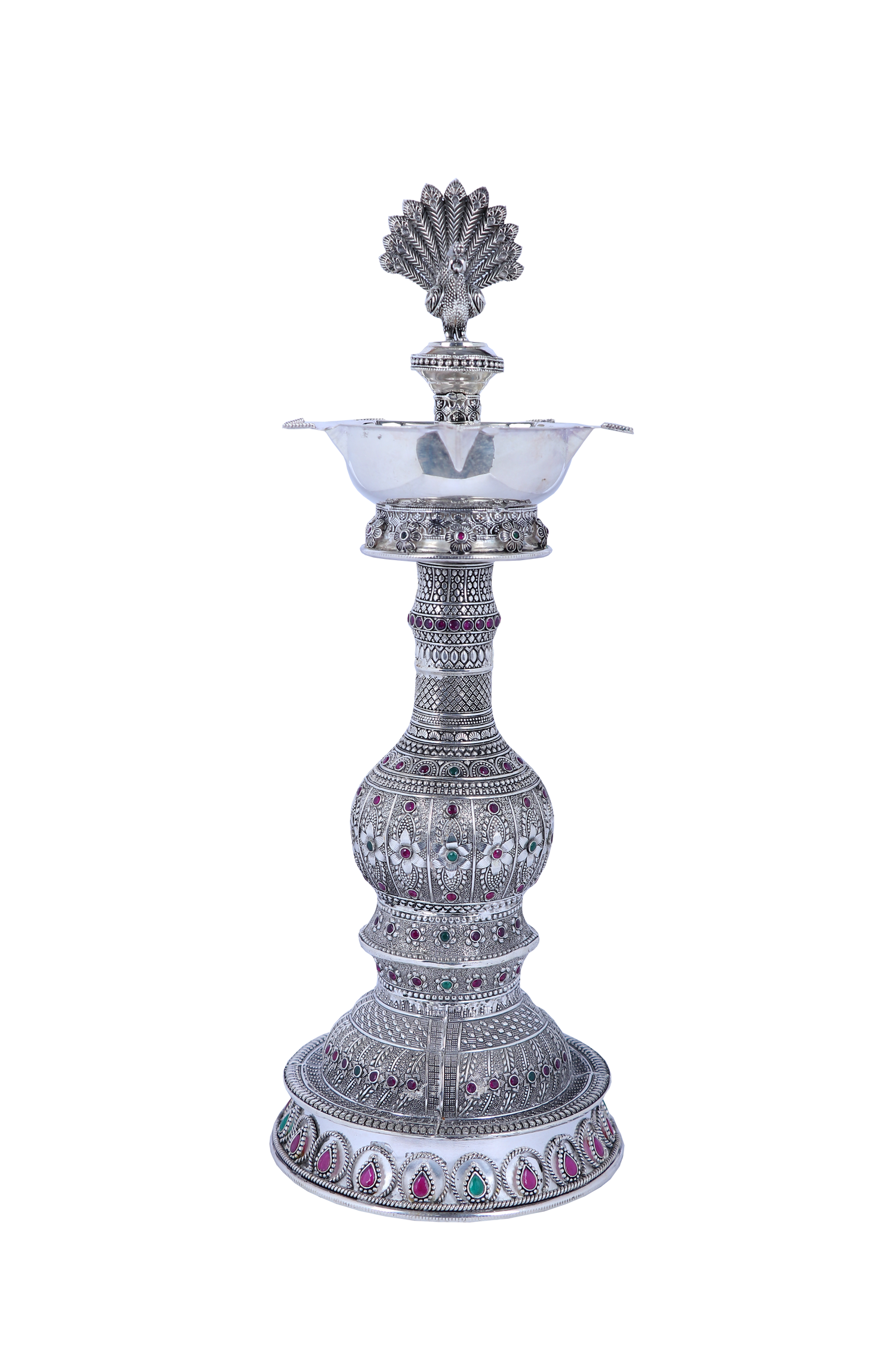 Pure 925 Silver Peacock Diya Stands – 1184g Gemstone Temple Décor (Pair)