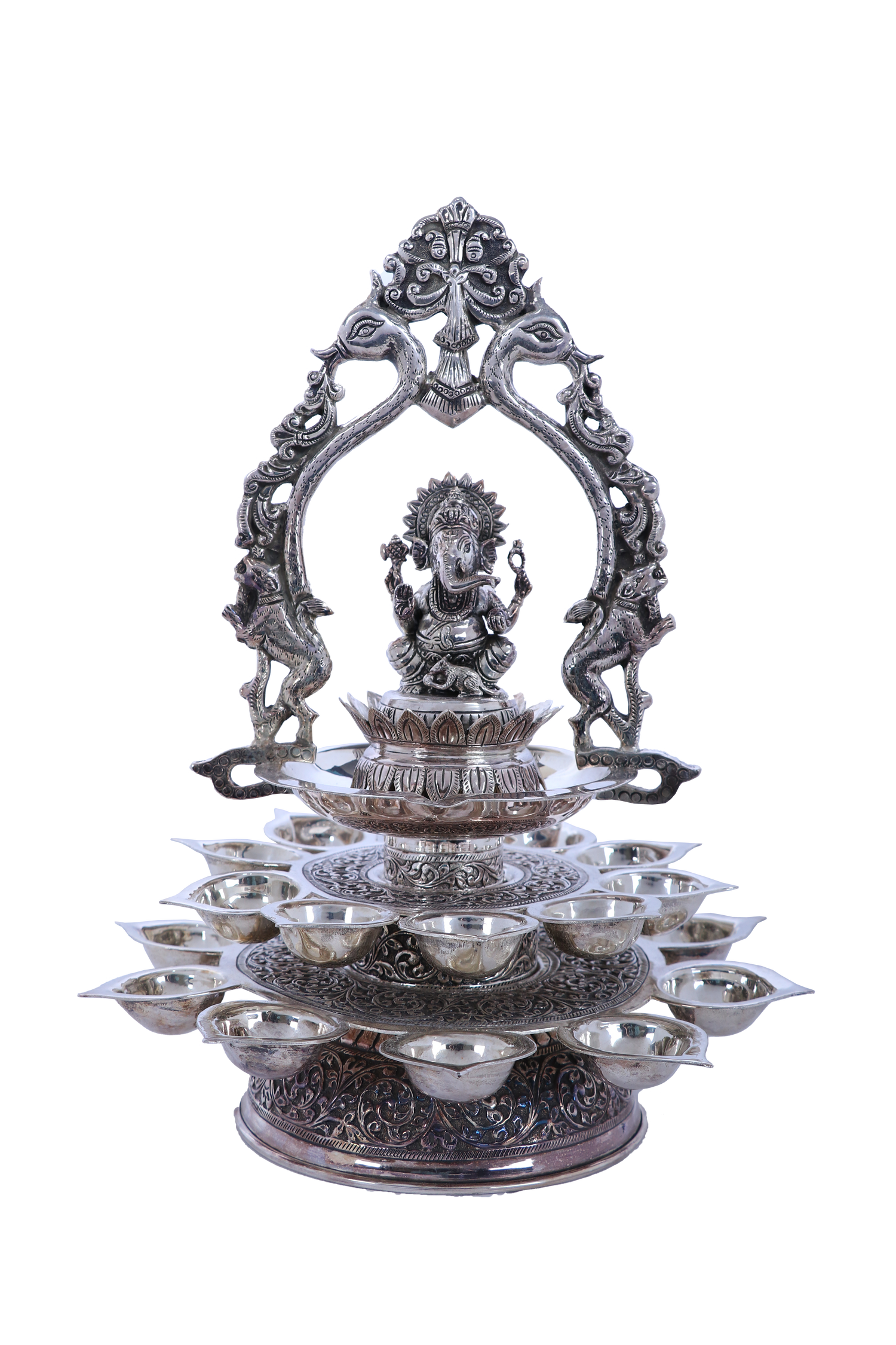 Exquisite Multi-Tiered Ganesha Brass Pooja Thali Stand - Premium 15-Piece Ceremonial Worship Set