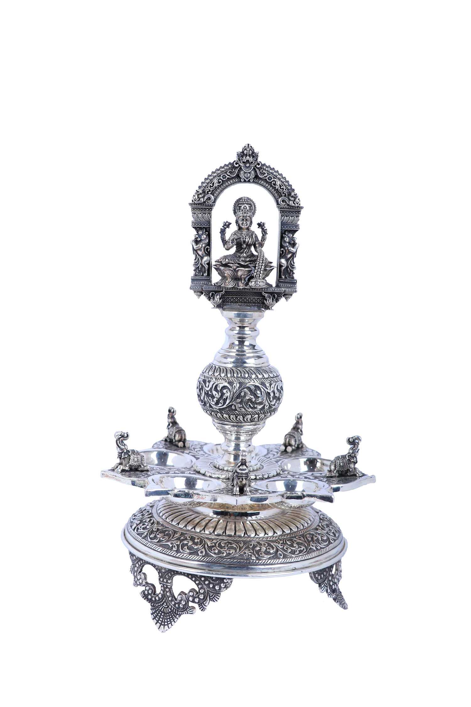 Royal Lakshmi Temple Vilakku Set – German Silver Handcrafted Diya Pair (2510g, 13"x8")