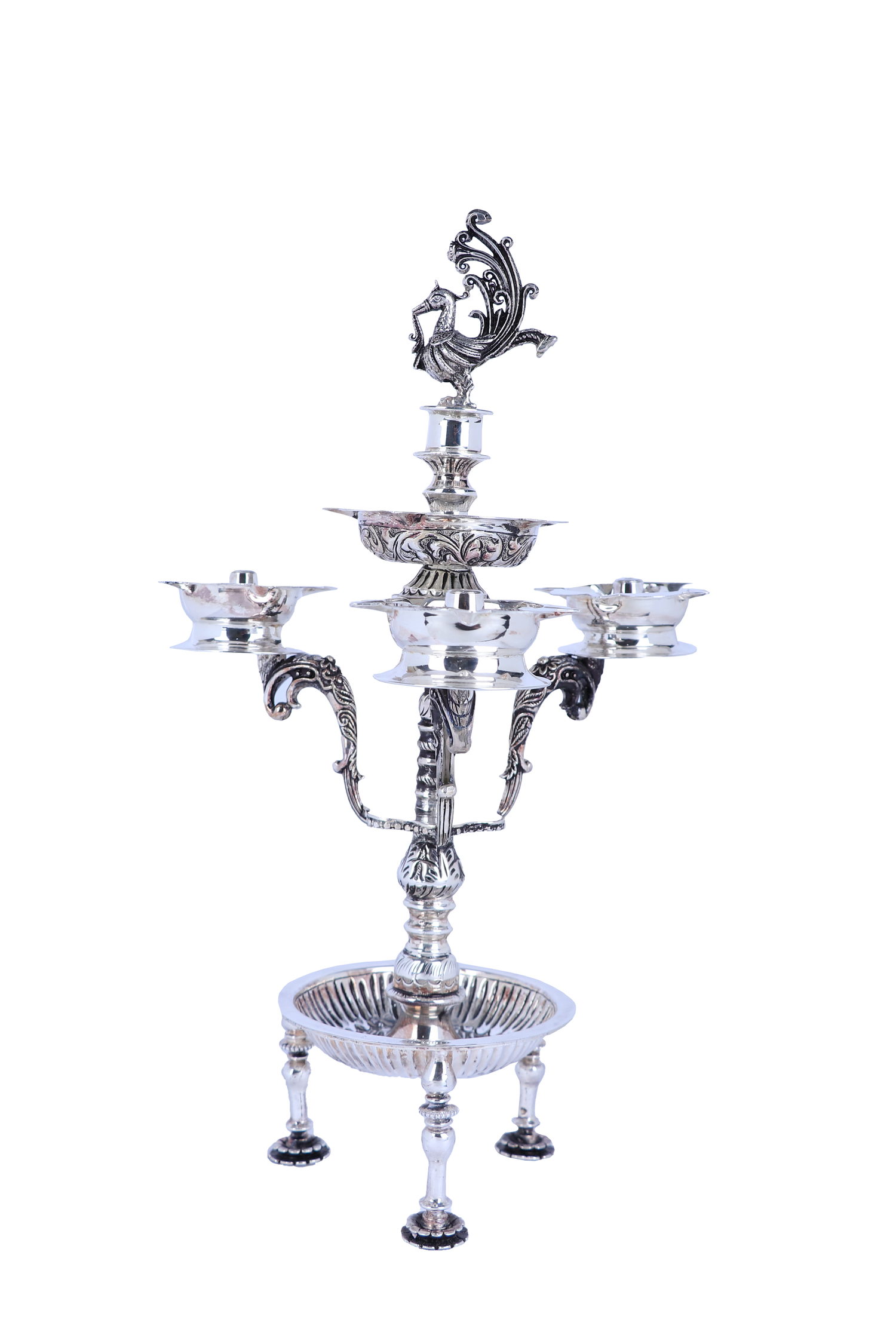 Majestic Silver Peacock Panchpradip Set – Royal Multi-Wick Temple Diya Collection